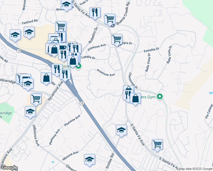 map of restaurants, bars, coffee shops, grocery stores, and more near 266 Lavender Lane in Vista