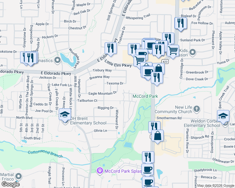 map of restaurants, bars, coffee shops, grocery stores, and more near 2432 Eagle Mountain Drive in Little Elm