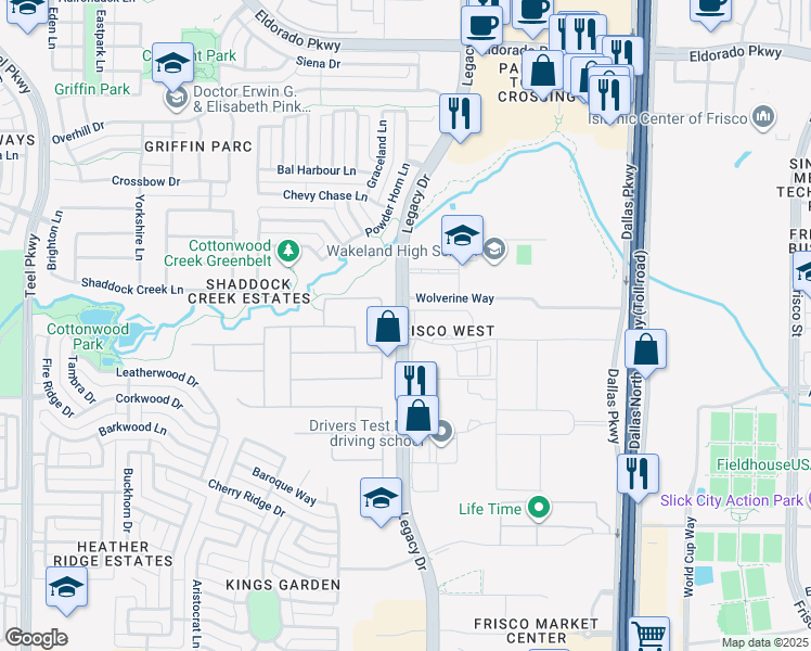 map of restaurants, bars, coffee shops, grocery stores, and more near Legacy Drive in Frisco