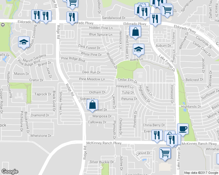 map of restaurants, bars, coffee shops, grocery stores, and more near 5700 Vineyard Lane in McKinney