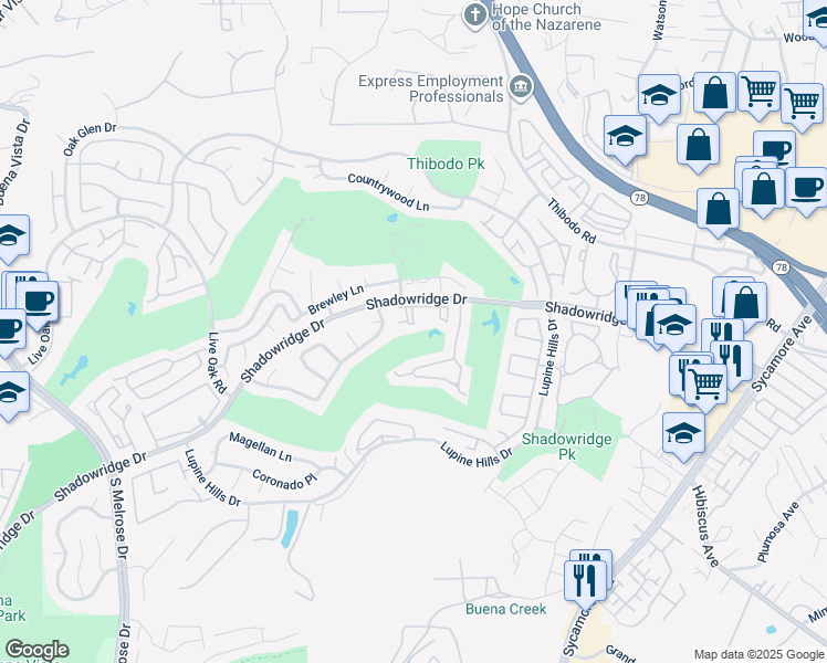 map of restaurants, bars, coffee shops, grocery stores, and more near 1087 Shadowridge Drive in Vista