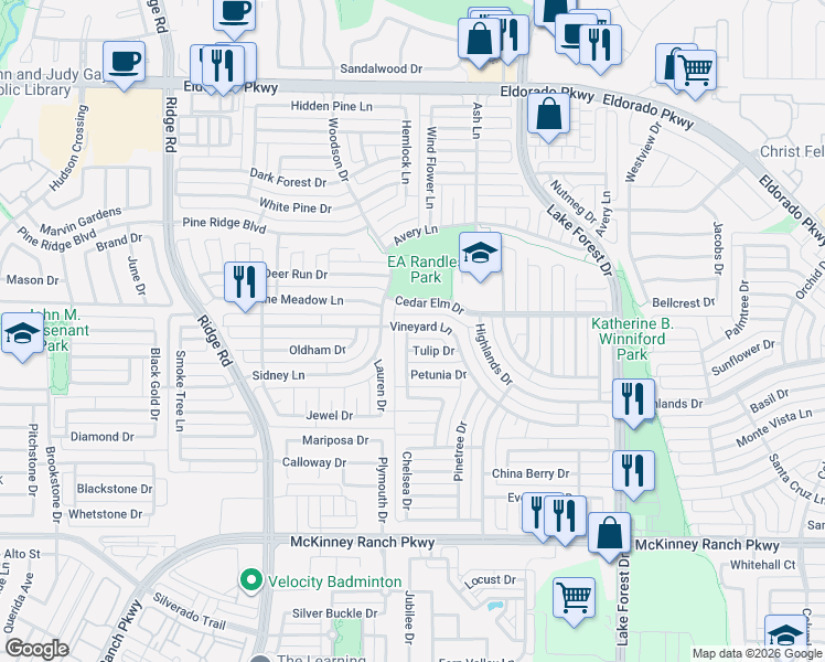 map of restaurants, bars, coffee shops, grocery stores, and more near 5613 Vineyard Lane in McKinney