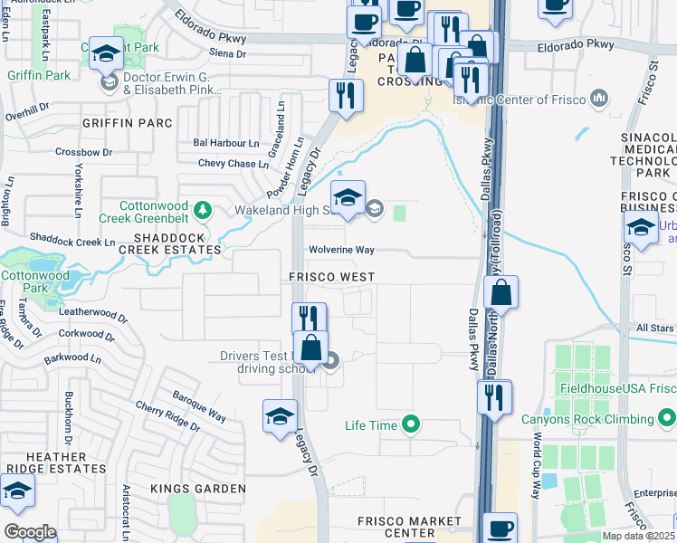 map of restaurants, bars, coffee shops, grocery stores, and more near 10588 Legacy Drive in Frisco