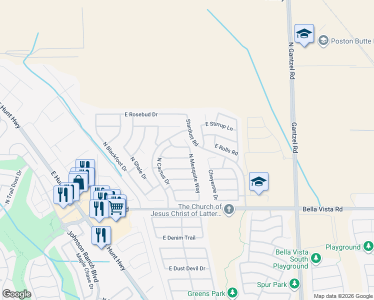 map of restaurants, bars, coffee shops, grocery stores, and more near 1147 East Rolls Road in Queen Creek