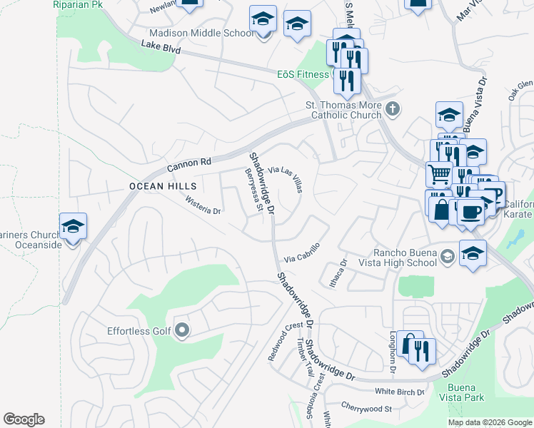 map of restaurants, bars, coffee shops, grocery stores, and more near 5162 Berryessa Street in Oceanside