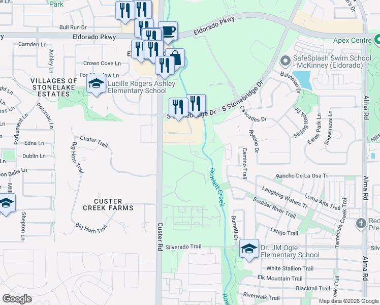 map of restaurants, bars, coffee shops, grocery stores, and more near 8855 Synergy Dr in McKinney
