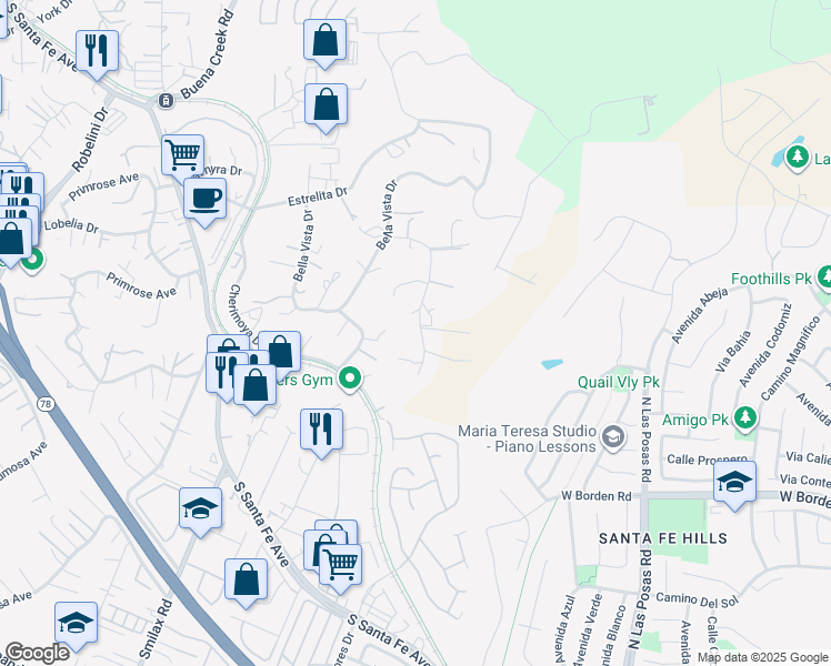 map of restaurants, bars, coffee shops, grocery stores, and more near 2345 Mira Sol Drive in Vista