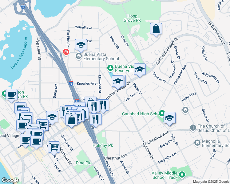 map of restaurants, bars, coffee shops, grocery stores, and more near Carlsbad Village Drive & Highland Drive in Carlsbad