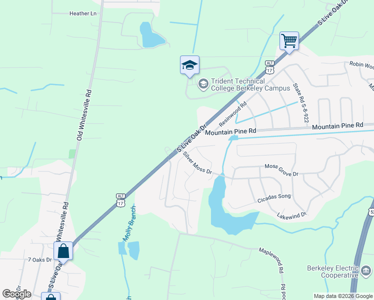 map of restaurants, bars, coffee shops, grocery stores, and more near 102 Lakestone Road in Moncks Corner