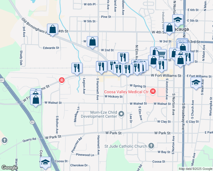 map of restaurants, bars, coffee shops, grocery stores, and more near 614 Spring Drive in Sylacauga