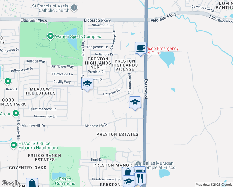 map of restaurants, bars, coffee shops, grocery stores, and more near 8600 Prescott Circle in Frisco
