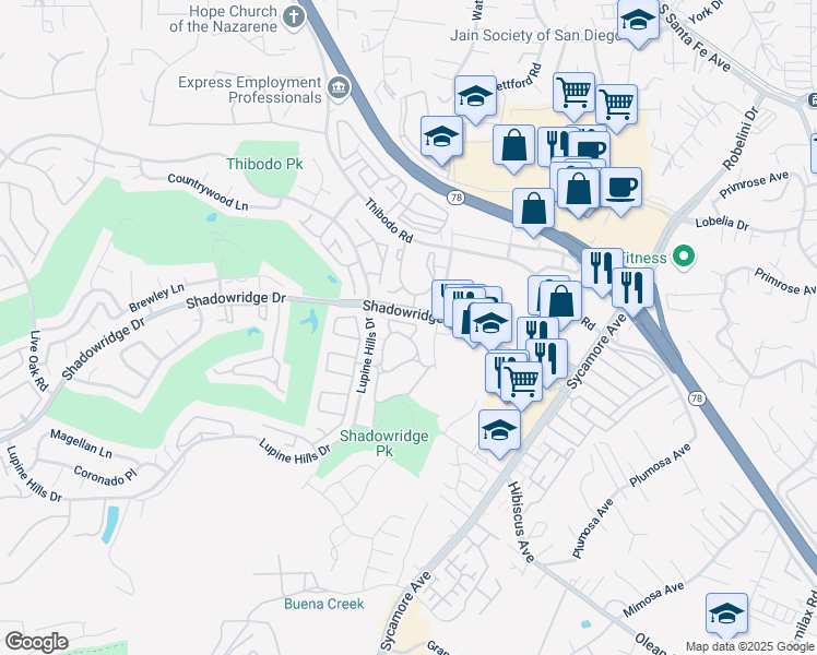 map of restaurants, bars, coffee shops, grocery stores, and more near 840 Brooktree Lane in Vista