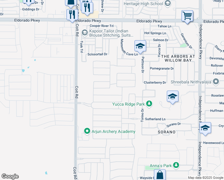 map of restaurants, bars, coffee shops, grocery stores, and more near 13174 Bold Forbes Street in Frisco