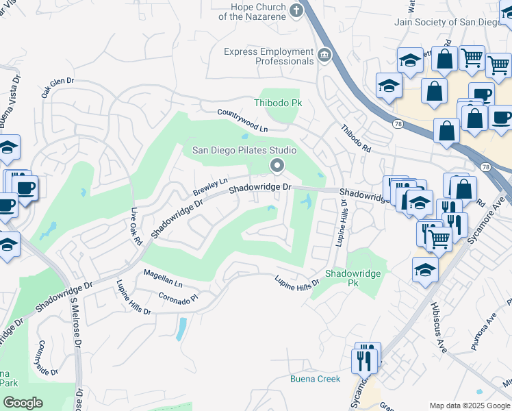 map of restaurants, bars, coffee shops, grocery stores, and more near 1087 Shadowridge Drive in Vista