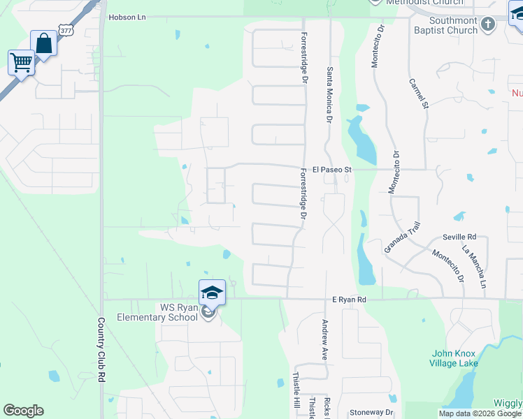 map of restaurants, bars, coffee shops, grocery stores, and more near 29 Oak Forrest Circle in Denton