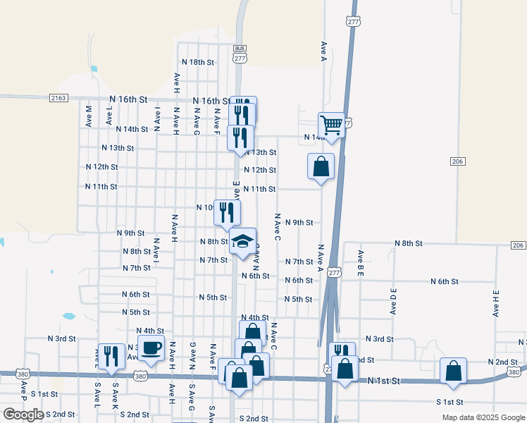map of restaurants, bars, coffee shops, grocery stores, and more near 1006 North Avenue D in Haskell