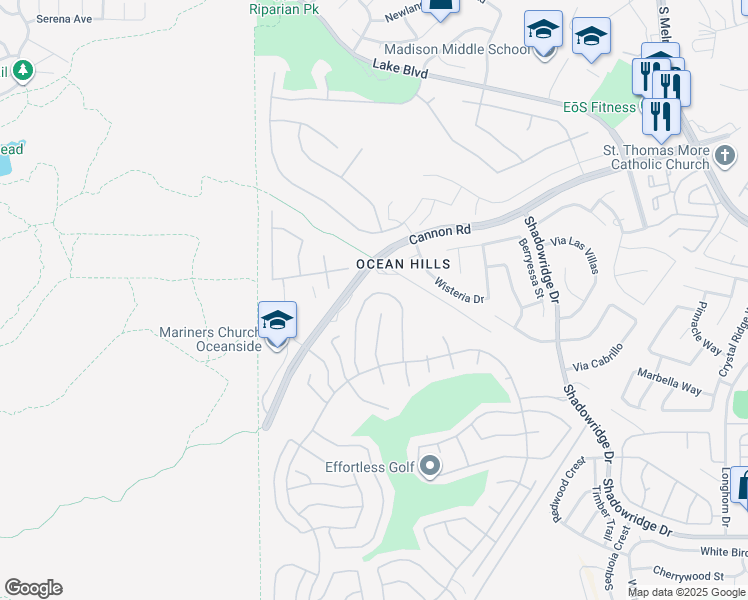 map of restaurants, bars, coffee shops, grocery stores, and more near 4634 Cordoba Way in Oceanside
