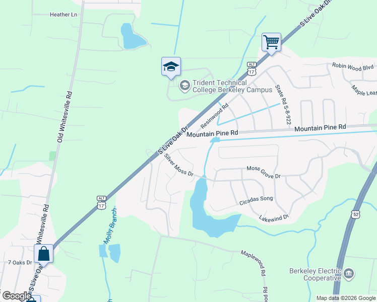 map of restaurants, bars, coffee shops, grocery stores, and more near 118 Lakestone Road in Moncks Corner