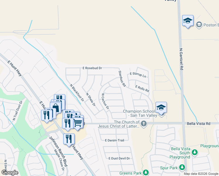 map of restaurants, bars, coffee shops, grocery stores, and more near 1017 East Rolls Road in Queen Creek