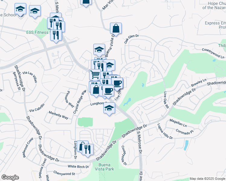 map of restaurants, bars, coffee shops, grocery stores, and more near 1668 South Melrose Drive in Vista