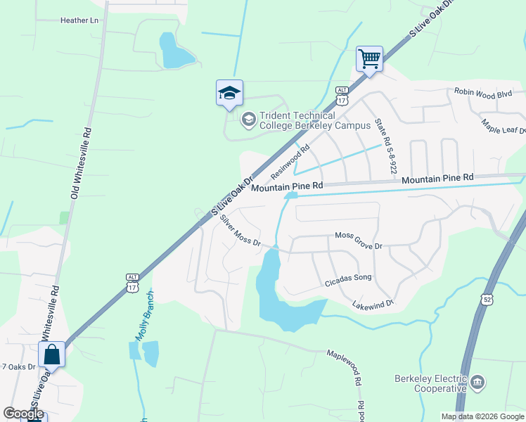 map of restaurants, bars, coffee shops, grocery stores, and more near 135 Lakestone Road in Moncks Corner