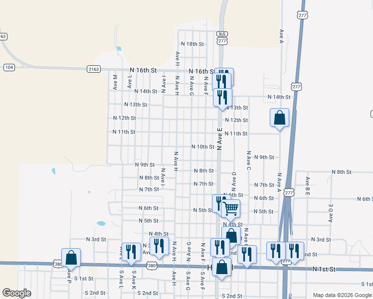 map of restaurants, bars, coffee shops, grocery stores, and more near 1001 North Avenue G in Haskell
