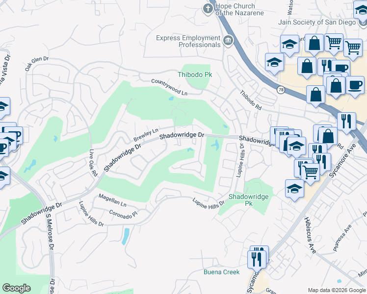 map of restaurants, bars, coffee shops, grocery stores, and more near 1083 Shadowridge Drive in Vista
