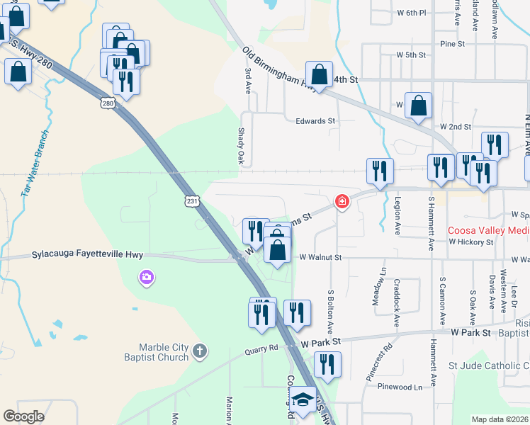 map of restaurants, bars, coffee shops, grocery stores, and more near 1401 Terrace Road in Sylacauga