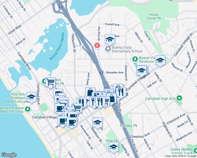 map of restaurants, bars, coffee shops, grocery stores, and more near 1088 Laguna Drive in Carlsbad