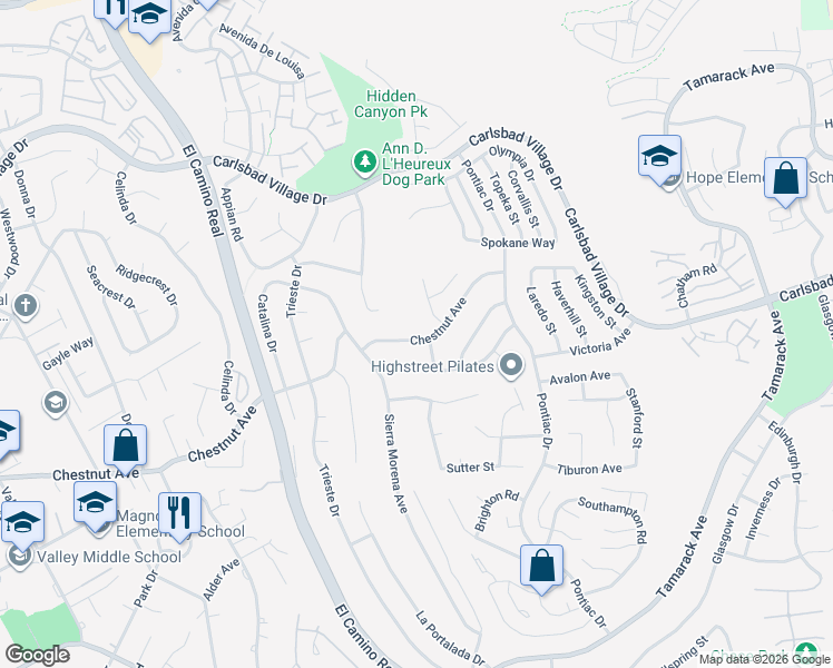 map of restaurants, bars, coffee shops, grocery stores, and more near 3609 Ames Place in Carlsbad