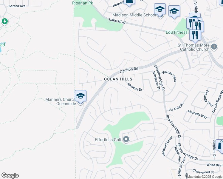 map of restaurants, bars, coffee shops, grocery stores, and more near 4630 Cordoba Way in Oceanside