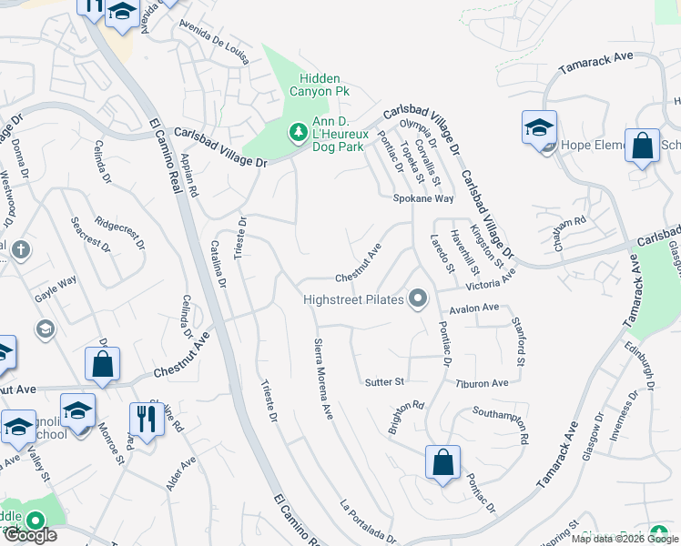 map of restaurants, bars, coffee shops, grocery stores, and more near 2640 Chestnut Avenue in Carlsbad