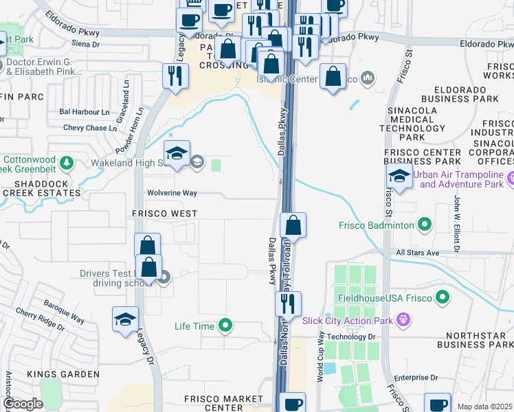 map of restaurants, bars, coffee shops, grocery stores, and more near 10701 Dallas Parkway in Frisco