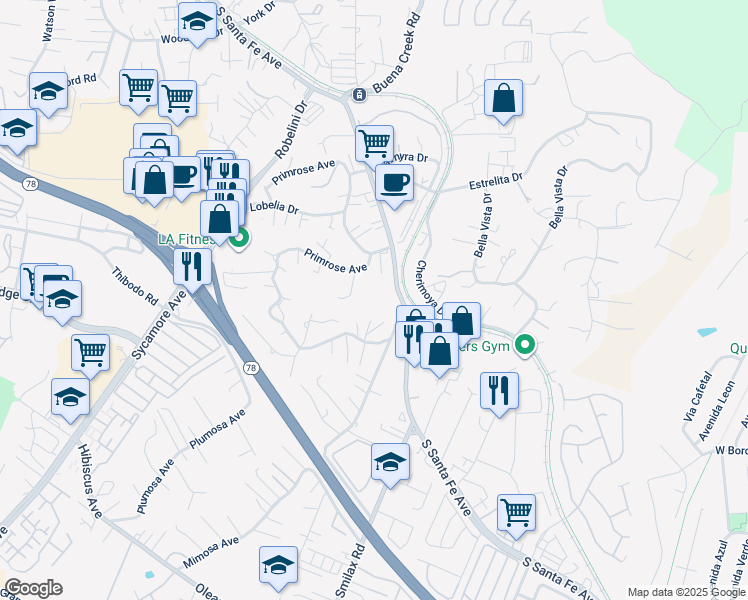 map of restaurants, bars, coffee shops, grocery stores, and more near 2357 South Santa Fe Avenue in Vista