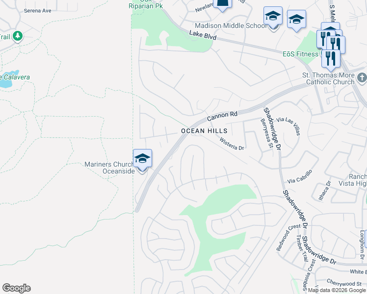 map of restaurants, bars, coffee shops, grocery stores, and more near 3570 Pirgos Way in Oceanside