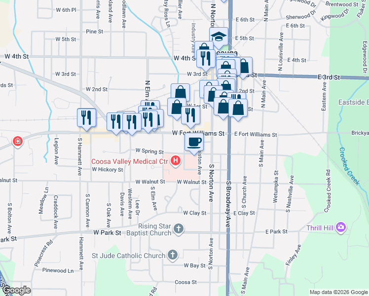 map of restaurants, bars, coffee shops, grocery stores, and more near 10 South Douglas Avenue in Sylacauga