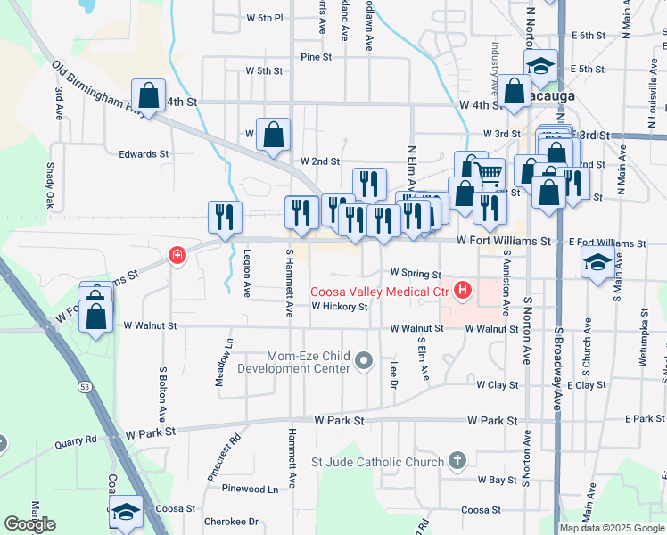 map of restaurants, bars, coffee shops, grocery stores, and more near 614 Spring Drive in Sylacauga