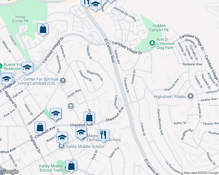 map of restaurants, bars, coffee shops, grocery stores, and more near 2266 Janis Way in Carlsbad