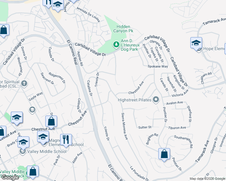 map of restaurants, bars, coffee shops, grocery stores, and more near 3610 Sierra Morena Avenue in Carlsbad