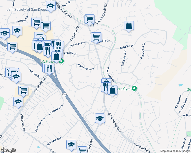 map of restaurants, bars, coffee shops, grocery stores, and more near 2357 South Santa Fe Avenue in Vista