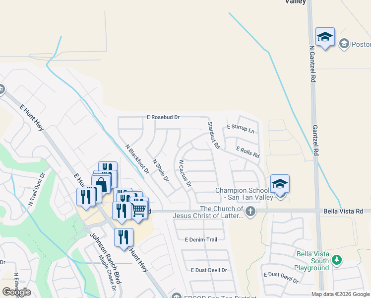 map of restaurants, bars, coffee shops, grocery stores, and more near 31598 North Cactus Drive in Queen Creek
