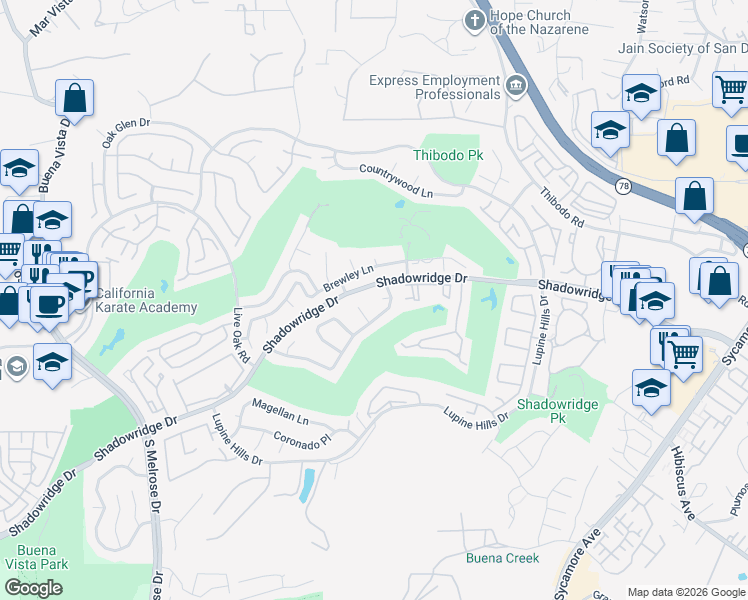 map of restaurants, bars, coffee shops, grocery stores, and more near 1142 Cabot Court in Vista