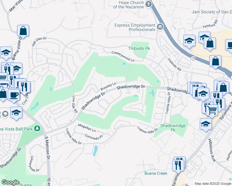 map of restaurants, bars, coffee shops, grocery stores, and more near 1142 Cabot Court in Vista