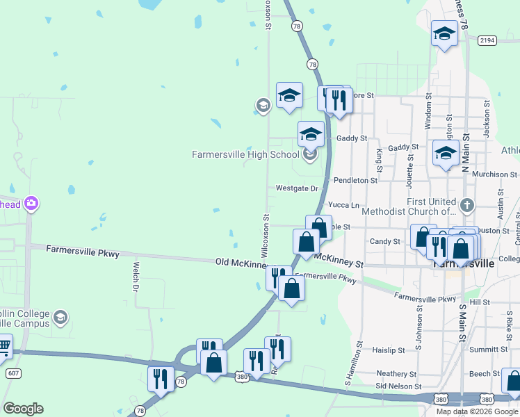 map of restaurants, bars, coffee shops, grocery stores, and more near 213 Wilcoxson Street in Farmersville