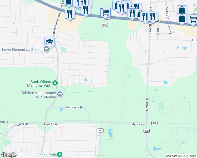 map of restaurants, bars, coffee shops, grocery stores, and more near 471 Pebble Brook Lane in Princeton