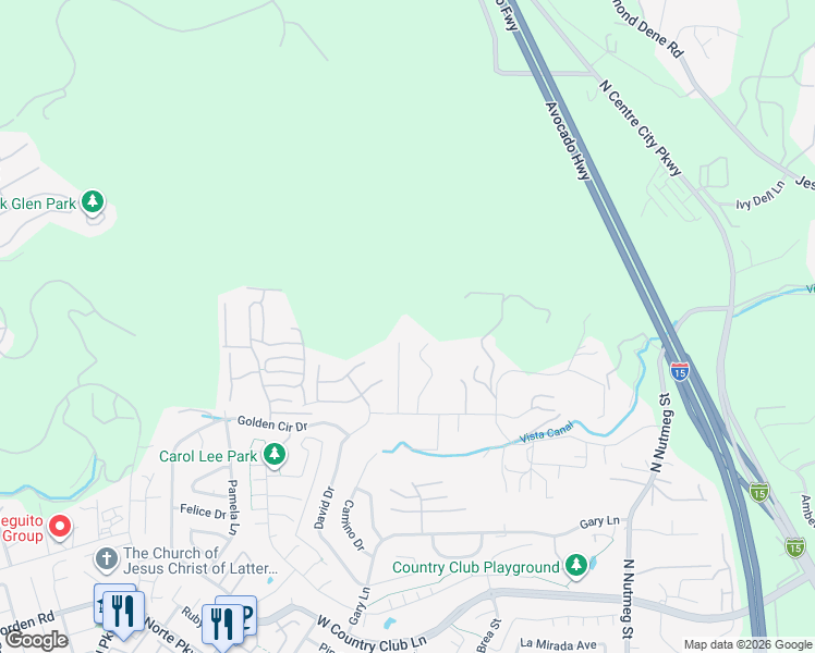 map of restaurants, bars, coffee shops, grocery stores, and more near 2393 Sleepy Hill Lane in Escondido