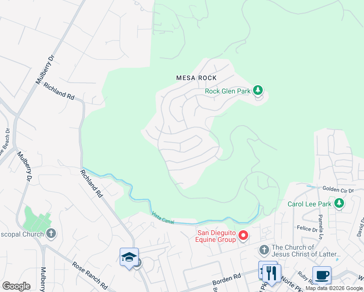 map of restaurants, bars, coffee shops, grocery stores, and more near 2421 Starlight Glen in Escondido