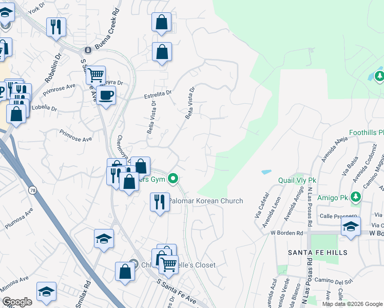 map of restaurants, bars, coffee shops, grocery stores, and more near 2335 Mira Sol Drive in Vista