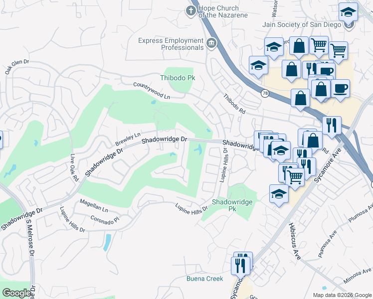 map of restaurants, bars, coffee shops, grocery stores, and more near 1986 Spyglass Circle in Vista
