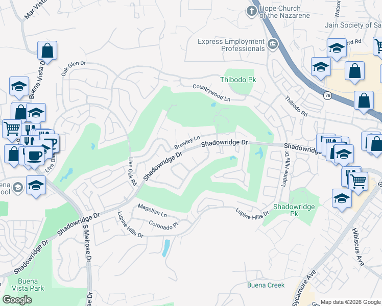 map of restaurants, bars, coffee shops, grocery stores, and more near 1138 Cabot Court in Vista